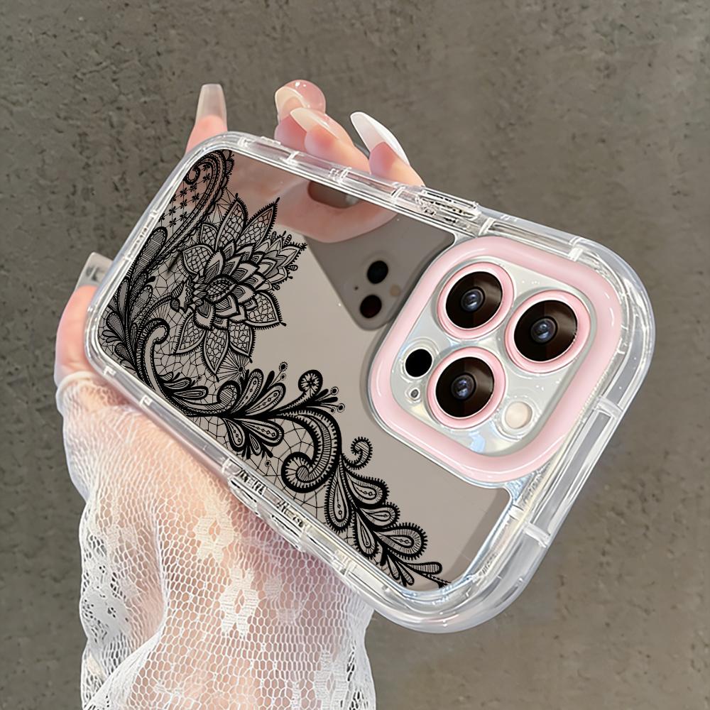 Lace Sexy Black Pattern Mirror Phone Case For iPhone 17 Air 16 Pro Max 17 15 14 13 12 11 7 8 Plus XS XR Protection Back Cover