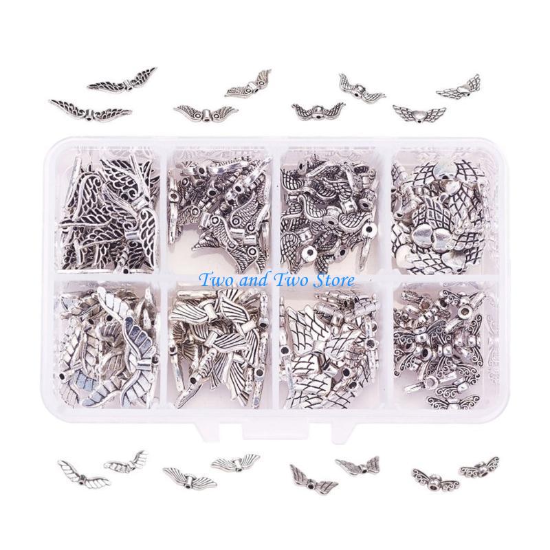 HX6F 6/8 Styles Wing Beads Angel Wing Charm Alloy Spacer Bead Antique Silver Color