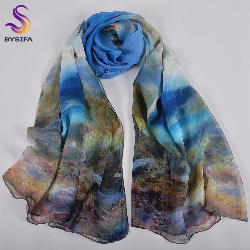 BYSIFA|Blau 100% Seidenchiffon Schal Stola Neu Frühling Herbst Schäferdesign Damen Lange Schals Sommer Strandstola Winterschals
