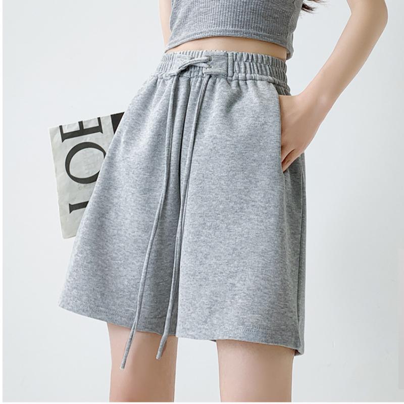 Women Solid Color Sport Casual Elastic Waist Shorts Drawstring Wide Leg Pants Summer Cotton Linen Beach Shorts