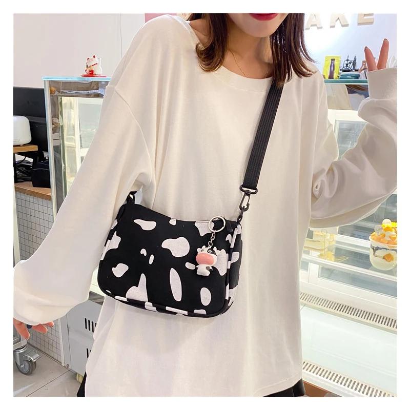 Ins Japanese-style Cute Harajuku-style Cow Shoulder Bag with A Korean-style Touch, Soft Girlish Teenage Cross-body Canvas Bag