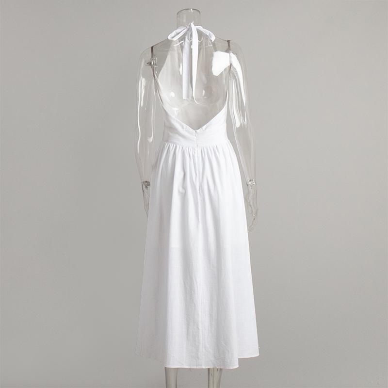 Bílé bavlněné halter šaty s výstřihem do V, sexy odhalená záda, dámské šněrovací A-line šaty, top v pase, velká sukně, módní plážové šaty na dovolenou, léto nové