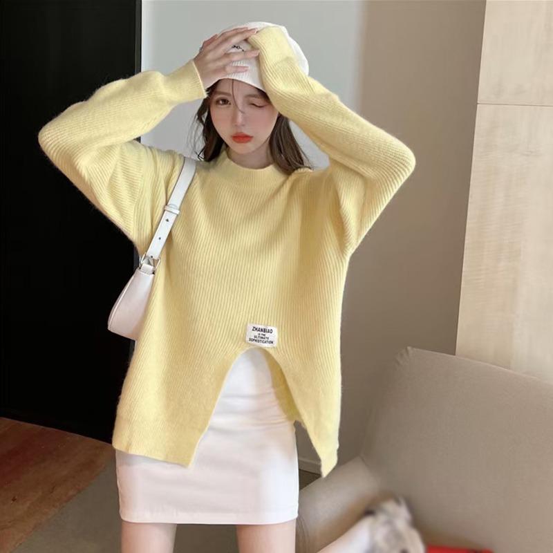 

Женский свитер с разрезом, свободный, повседневный, милый, вязаный, однотонный One Size