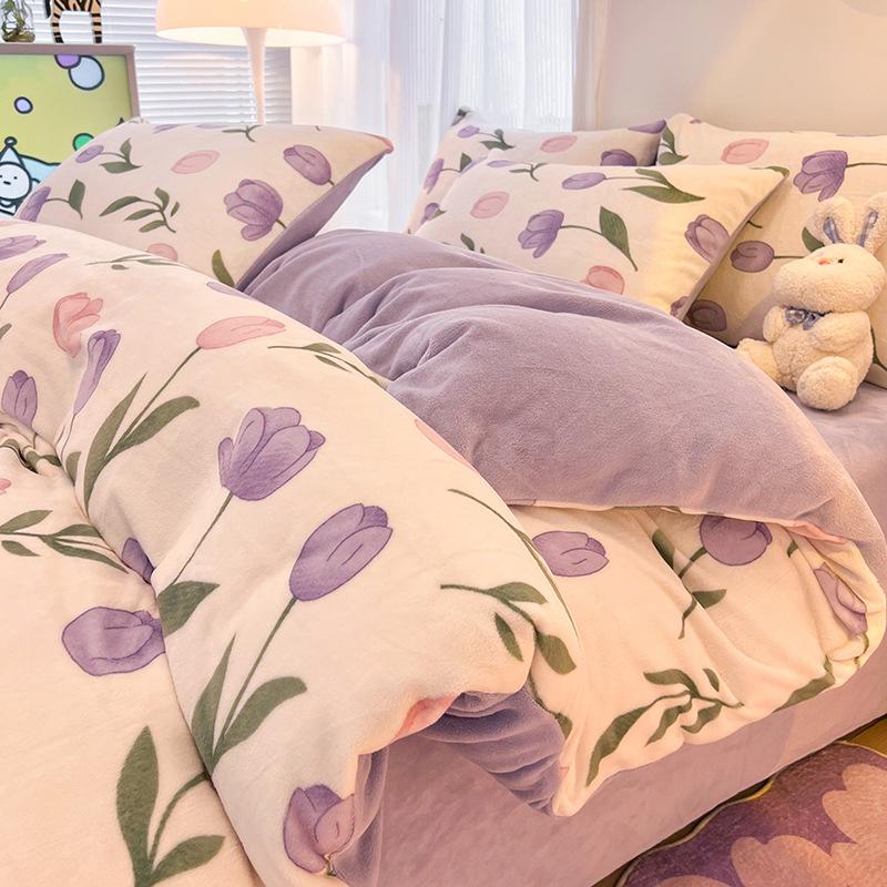Vintermelk flanell 4-delt sett flens pluss flanell dynesett laken hatter Seng 3-delt sett