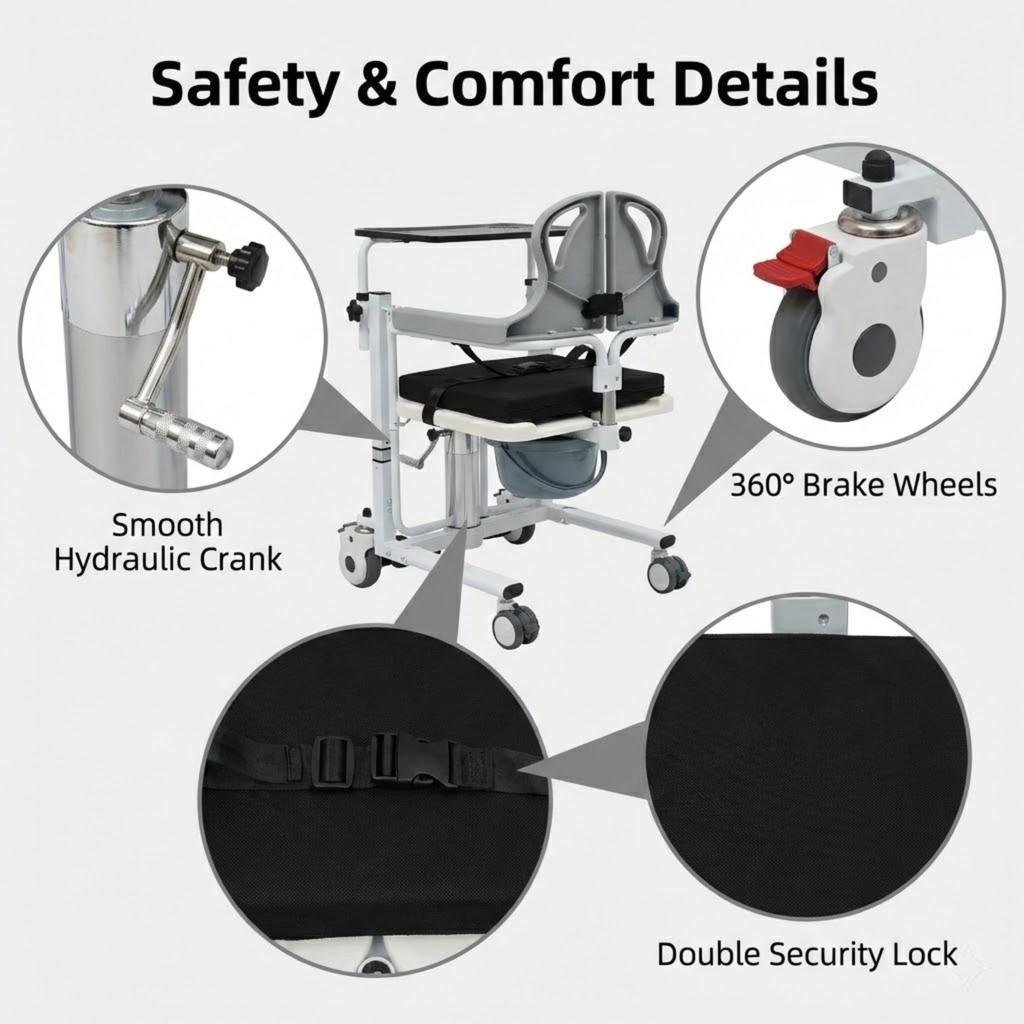 Hydraulic Transfer Chair For Elderly Disabled Home Nursing Commode Shower Wheelchair Height Adjustable 180 Degree Split Seat