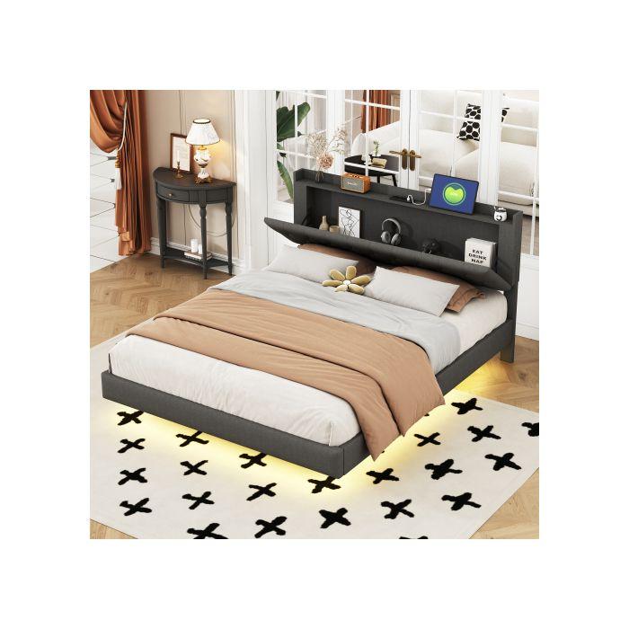 Lit Rembourré 160*200 Cm, Avec Prise De Charge USB Et Bande LED À Couleur Changeante, Tissu En Lin Doux Pour La Peau