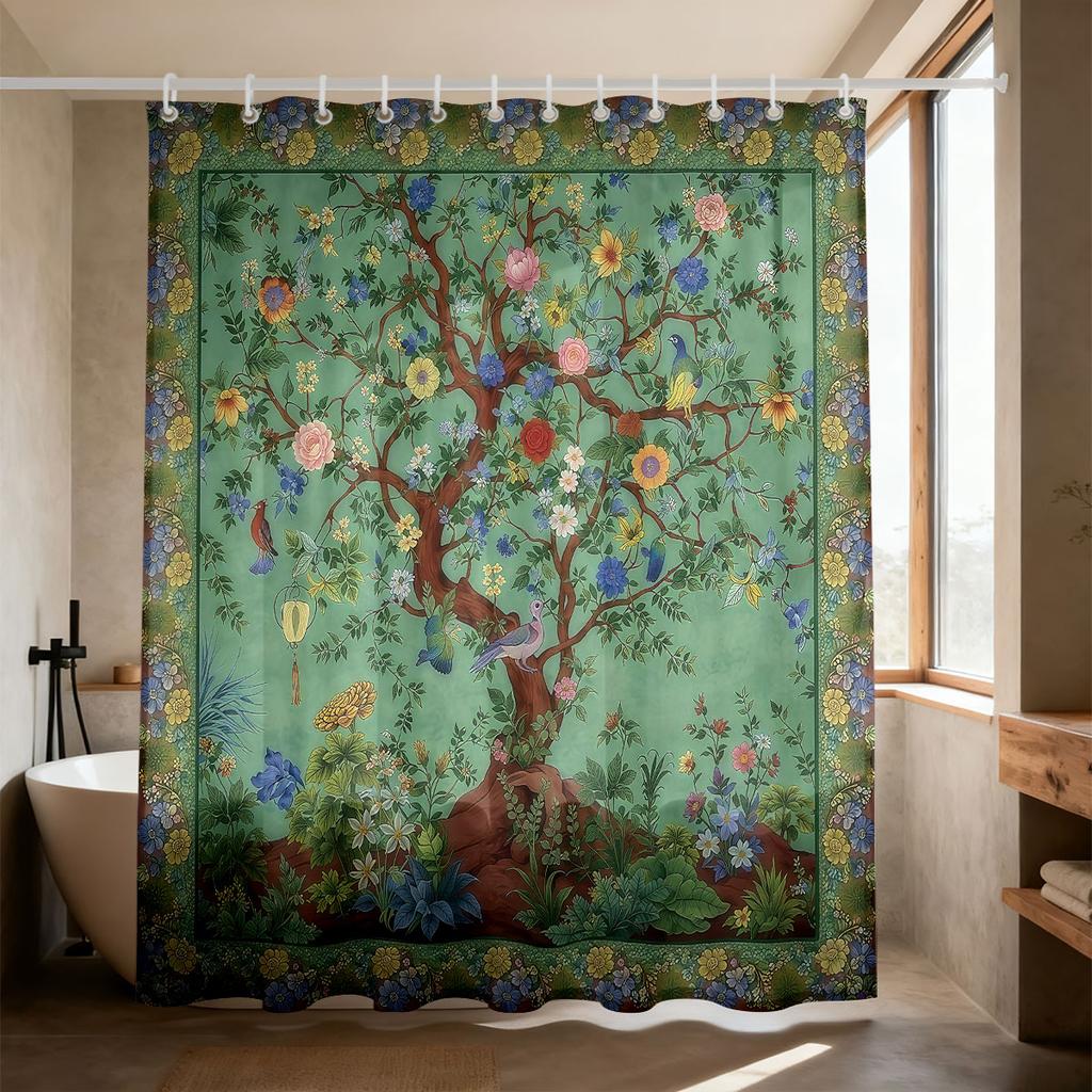 Cortina de Ducha Árbol de la Vida Estampado Floral de Pájaros Coloridos Tejido Impermeable Decoración de Baño Boho con Ganchos