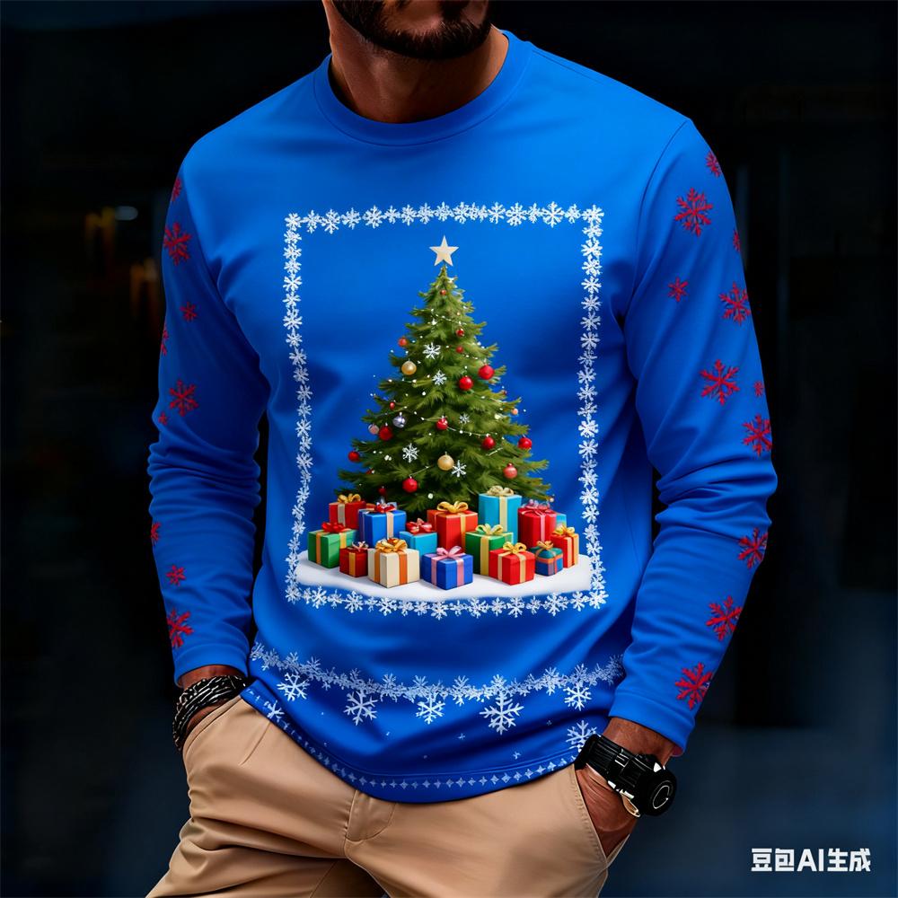 Fashionable Harajuku-style Christmas men's long-sleeve T-shirt, autumn casual round-neck loose top, fun Santa Claus design