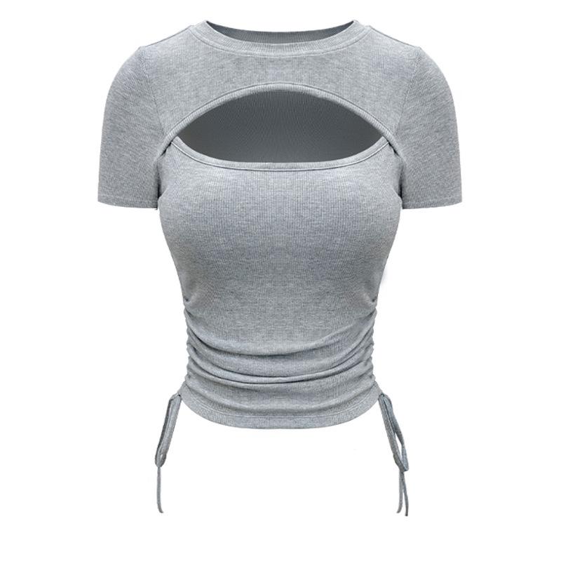 

Women s Summer Yoga Top: Drawstring Ruched Hollow-Out Round Neck Short Sleeve for Fitness and Outdoor Training Extra Large