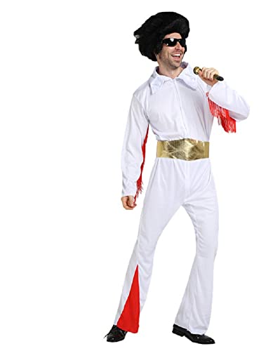 Youngfull Elvis Presley Cosplay Costume, Jumpsuit, Wig, and Gold Belt, 3-Piece Set, Halloween Costume for Adult Men, Featuring the International Star