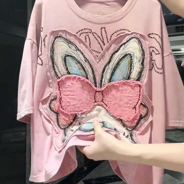 Large Size Heavy Industry Patch Printed Short-sleeved T-shirt Women's Summer New Loose and Thin Meat-covering Versatile Top Tide