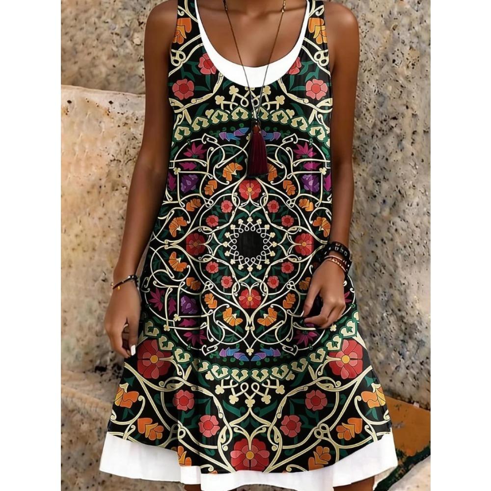 Women's Flower Pattern Printed Sleeveless Round Neck Dress Loose Soft and Comfortable Plus Size Dress