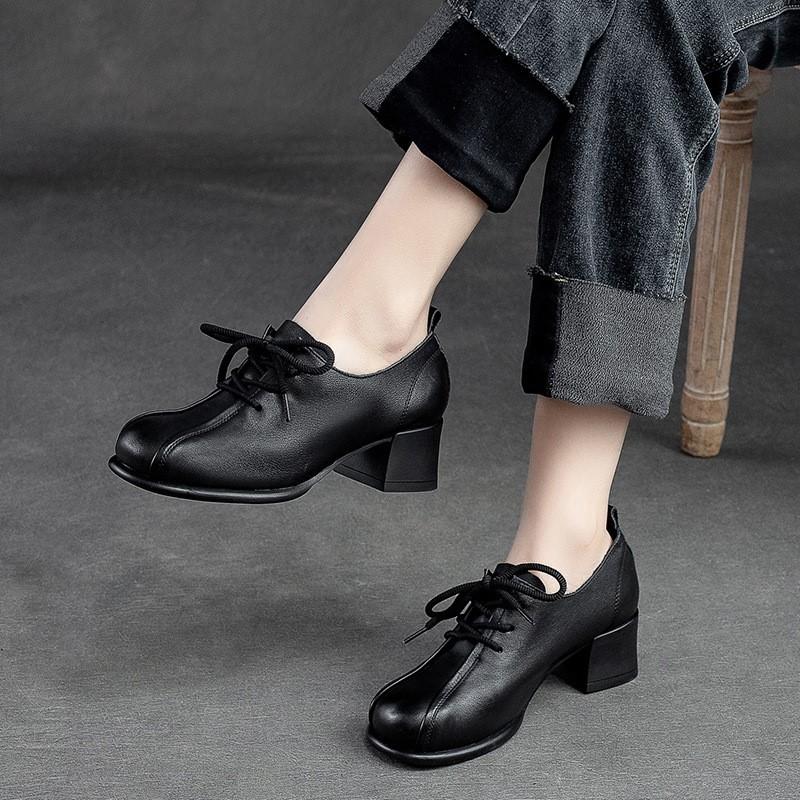 Johnature Retro-Damenschuhe mit mittelhohen Absätzen, einfarbige Pumps, echtes Leder, runde Zehen, handgefertigte Schnürschuhe