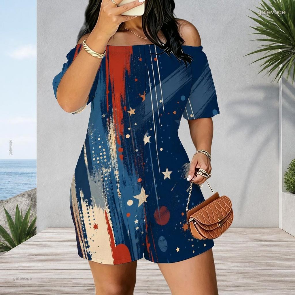 Women Plus Size Off Shoulder Short Sleeve Romper Abstract Geometric Graffiti Print Casual Jumpsuit Shorts