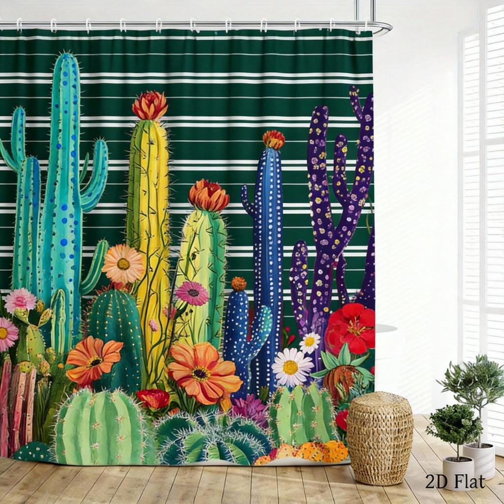 Cactus Shower Curtain 180x180cm – Whimsical Desert Garden with Blooms, Boho Southwestern Bathroom Decor, 12 Hooks