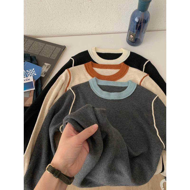 Contrasting color crew neck knitted bottoming shirt women's spring slim-fitting and thin top, warm inner sweater