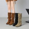 Women Mid Calf Boots Round Toe Height Increasing High Heels Buckle Pleated Ladies Fashion Shoes Autumn Winter 43