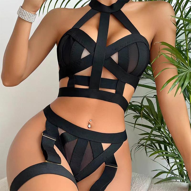 Hot and Sexy Motorcycle Splicing Strap Hanging Neck Fun Underwear Simple and Tempting Women's Underwear Set