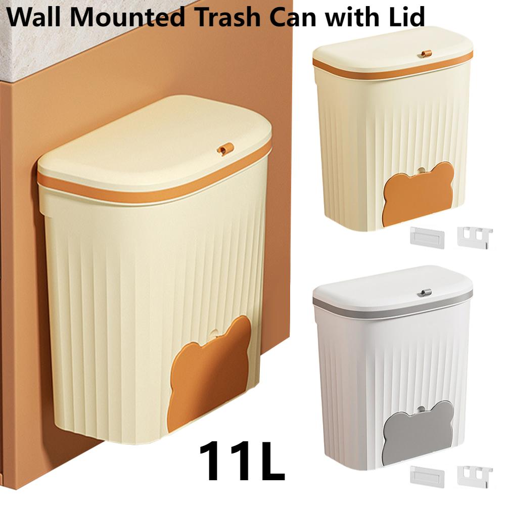 11L/3gal Wall Mounted Hanging Waste Bin with Lid Cabinet Door Trash Can Household Food Garbage Bin for Counter Top Or Under Sink