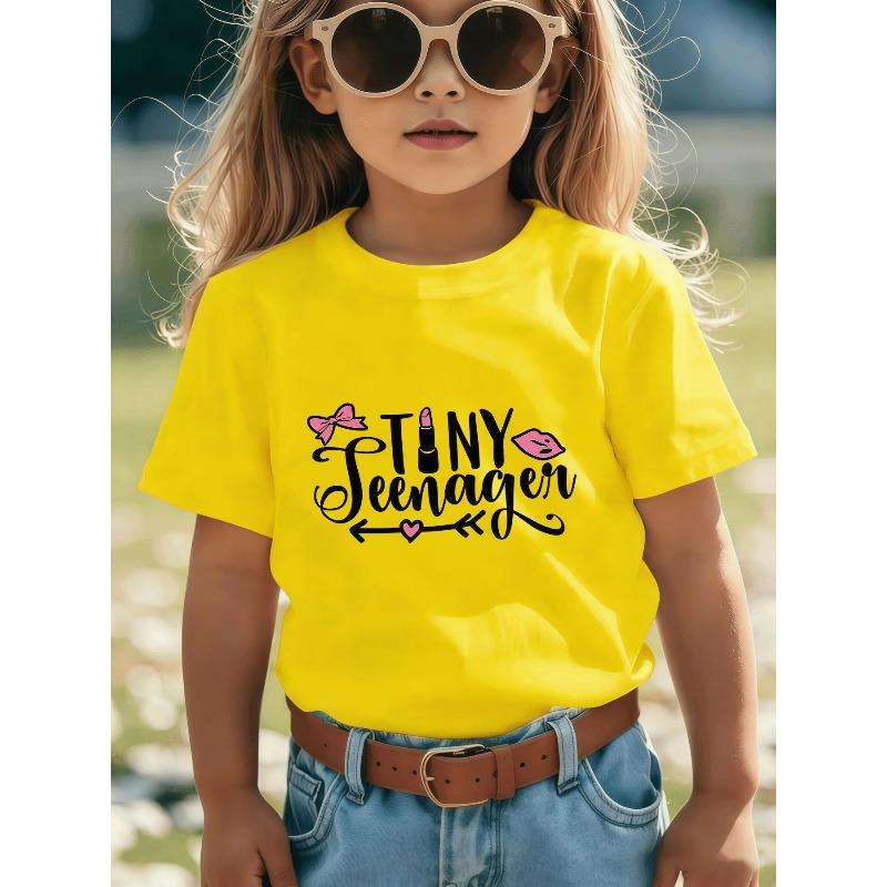 European sizes TINY Girls T-Shirt, Cute And Tender Pattern Design with Popular Pink Elements, Teenager Lettering with Tender Lip Prints And Pink Bows 98cm жёлтый