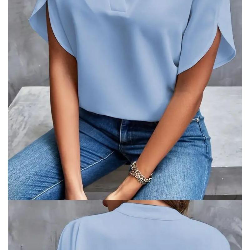 Damen 2025 Sommer Casual Einfarbig V-Ausschnitt Locker Bluse Tops für Damen