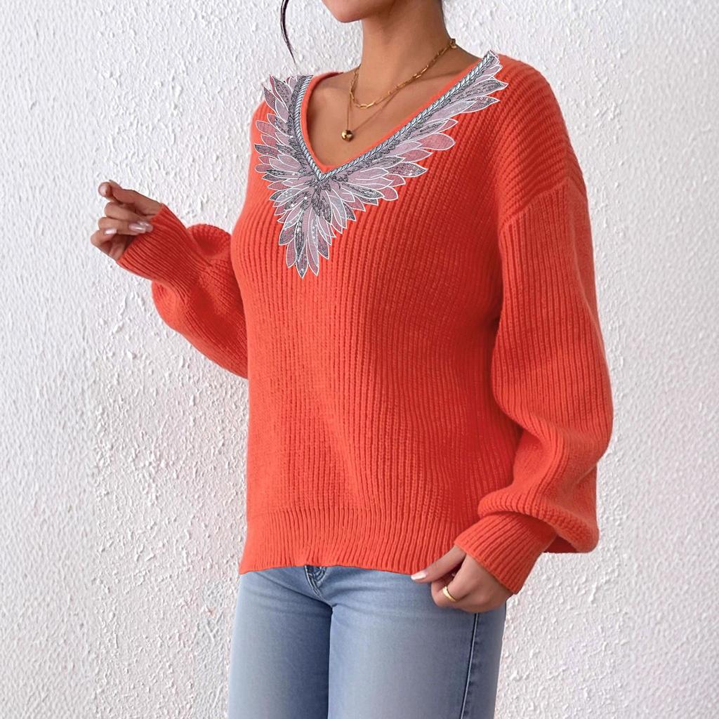 Lace Sequin Collar Flower, Spliced V-neck, Pullover Top, Women's Clothing, Loose and Lazy Style, Long Sleeved Sweater