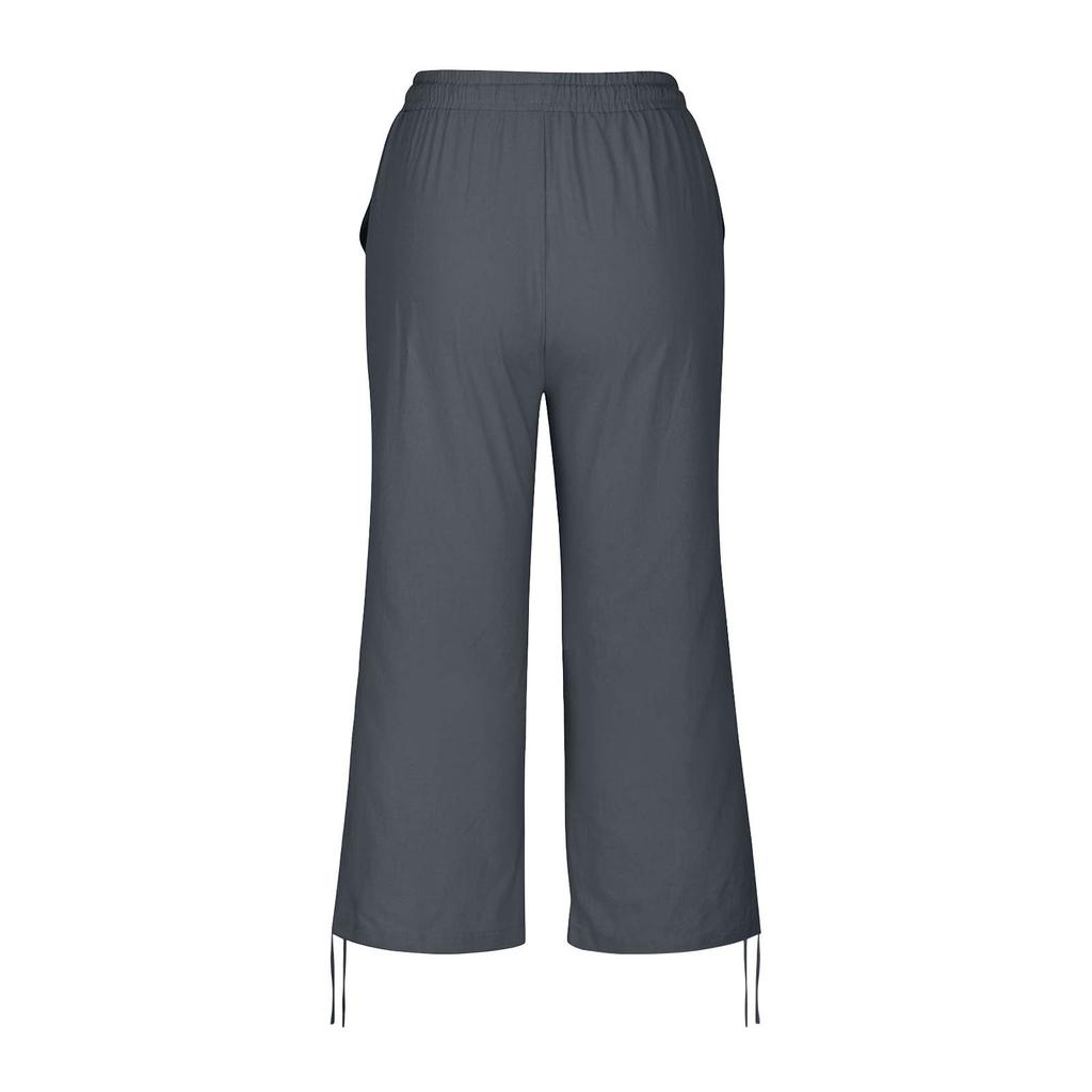 Women Loose Cotton Linen Drawstring Solid Pocket Casual Capri Pants