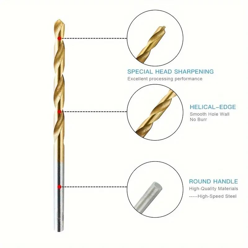 Straight Shank Twist Drill Bit Set Titanium Coated High Speed Steel HHS Wood Plastic Aluminium Cutter Woodworking Tool 50pcs