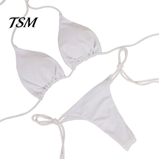 Lady Swimwear 2 Pcs/Set Bikini Set Solid Color Halter Neck Women Swimsuit Strap Thong for Beach