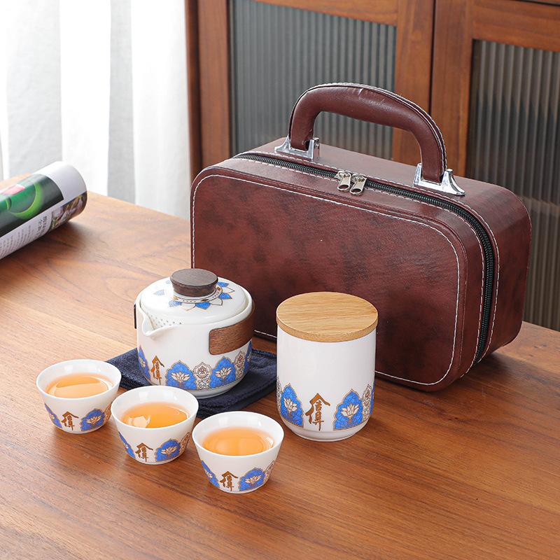 Ceramic Tea Set Travel Portable Outdoor Tea Bag Ceramic One Pot Three Cups Tea Set Home Office Quick Customer Cup Handheld Gift