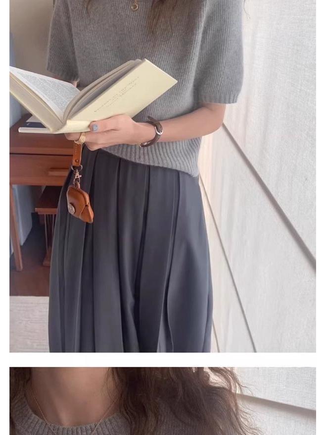 Women's High-End Soft Gray Knitwear: Bubble Sleeve Fitted Round Neck Short Sleeve Sweater for Autumn/Spring