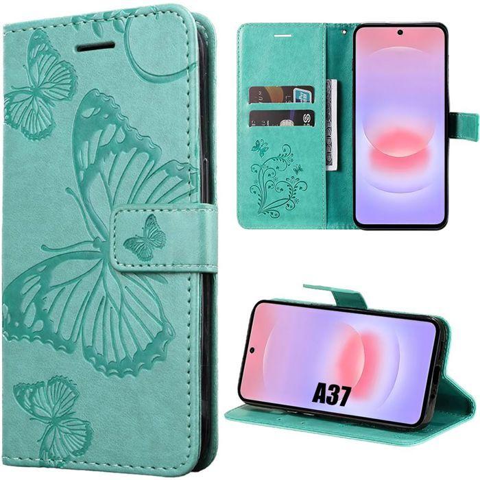 Synthetic Leather Case - BOOLING - for Samsung Galaxy A37 5G - Shockproof Protection Green Butterfly Pattern