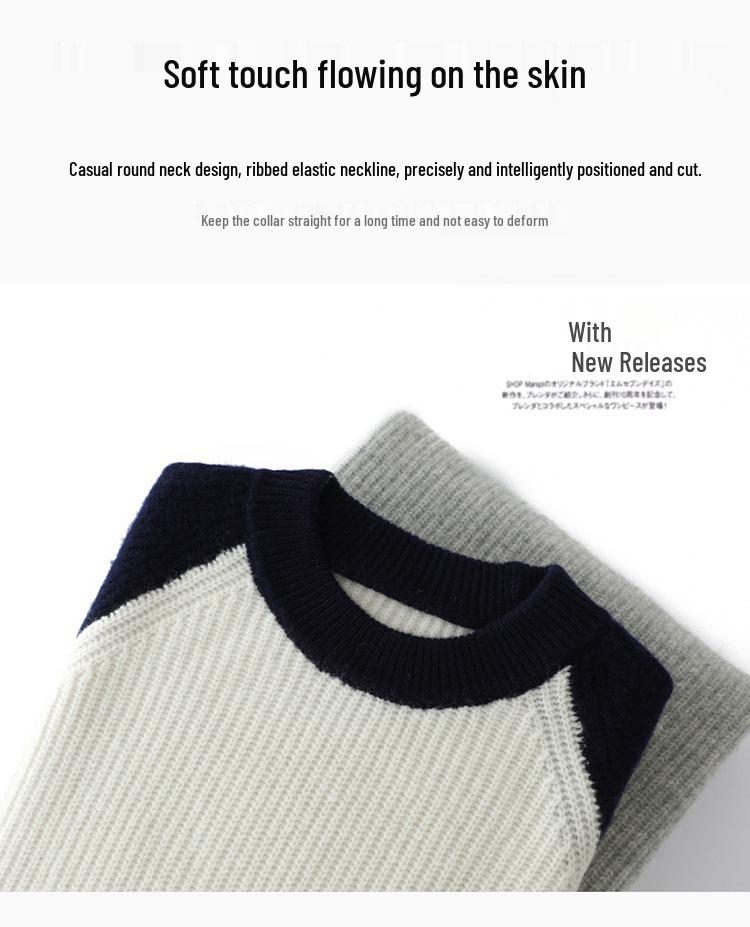 Herren Woll Pullover mit Farbblock und Rundhalsausschnitt - Dick, Locker, Lässig und Business Kaschmir Strick Basis-Schicht für Herbst & Winter.