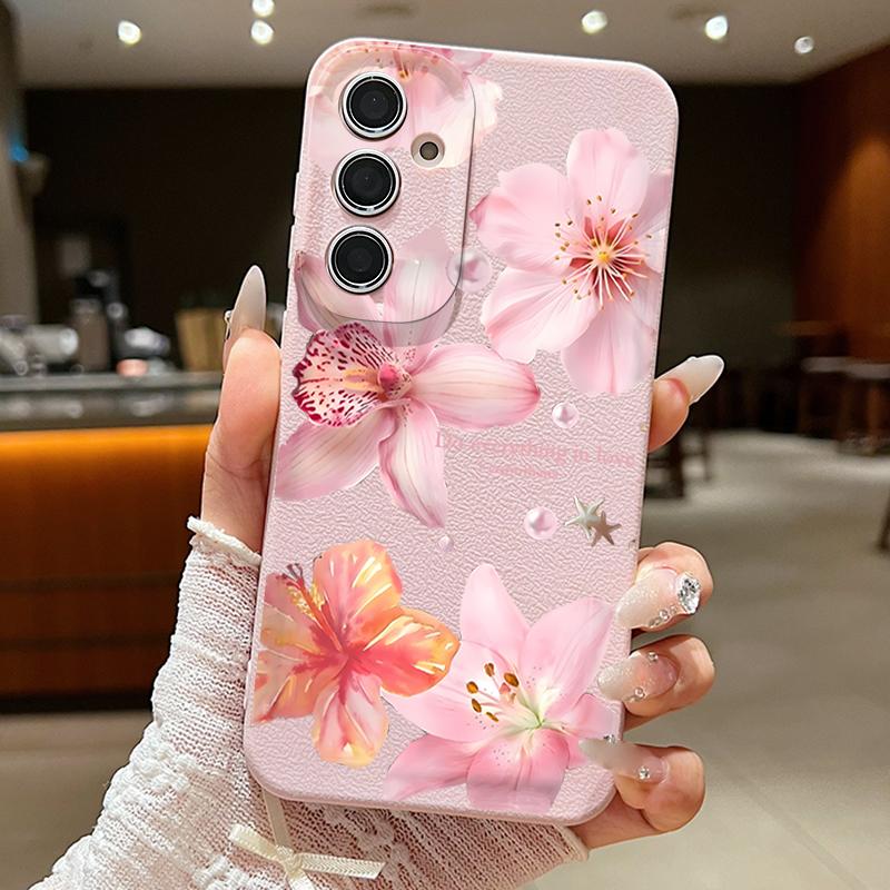 Pink Peach Blossom Case For Samsung S26 Ultra S25 Edge S24 S23 Plus S22 S21 FE A15 A16 A17 A35 A36 A54 A55 A56 A57 5G Leather Texture Soft Cover