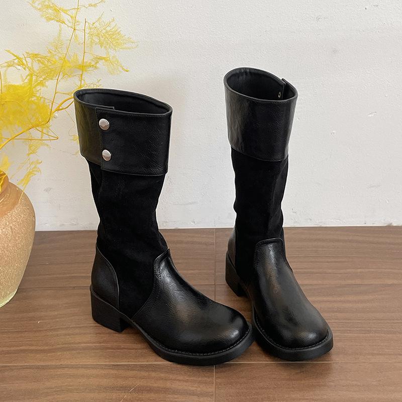 Stylish niche splicing pleated stacking boots women's thick-soled thick-heeled boots knight boots thin tall locomotive boots