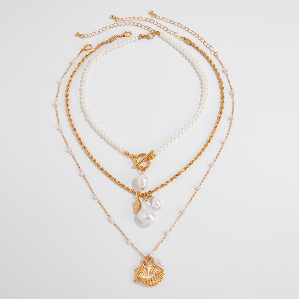 Boho Irregular Imitation Pearl Scallop Fish Pendant Necklace Multi Layer Gold Metal Ethnic Girl Jewelry