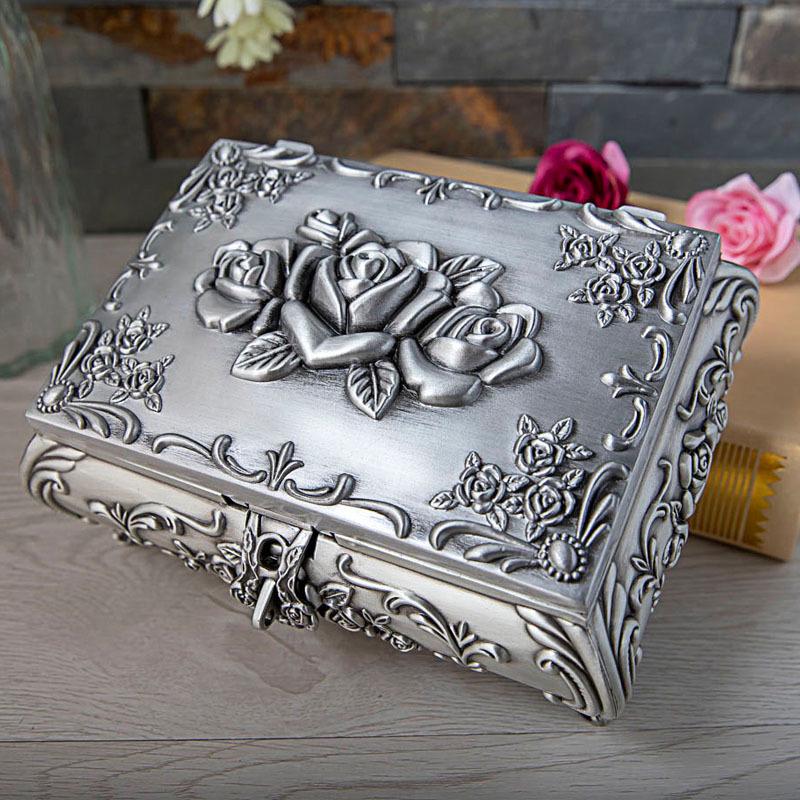 European Rose Carved Metal Jewelry Box with Lock - Necklace and Birthday Gift Storage