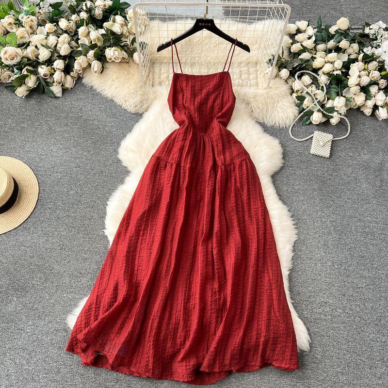 

Elastic Waist-Tightening Long Sexy Backless Spaghetti Straps Dress Jujube XL