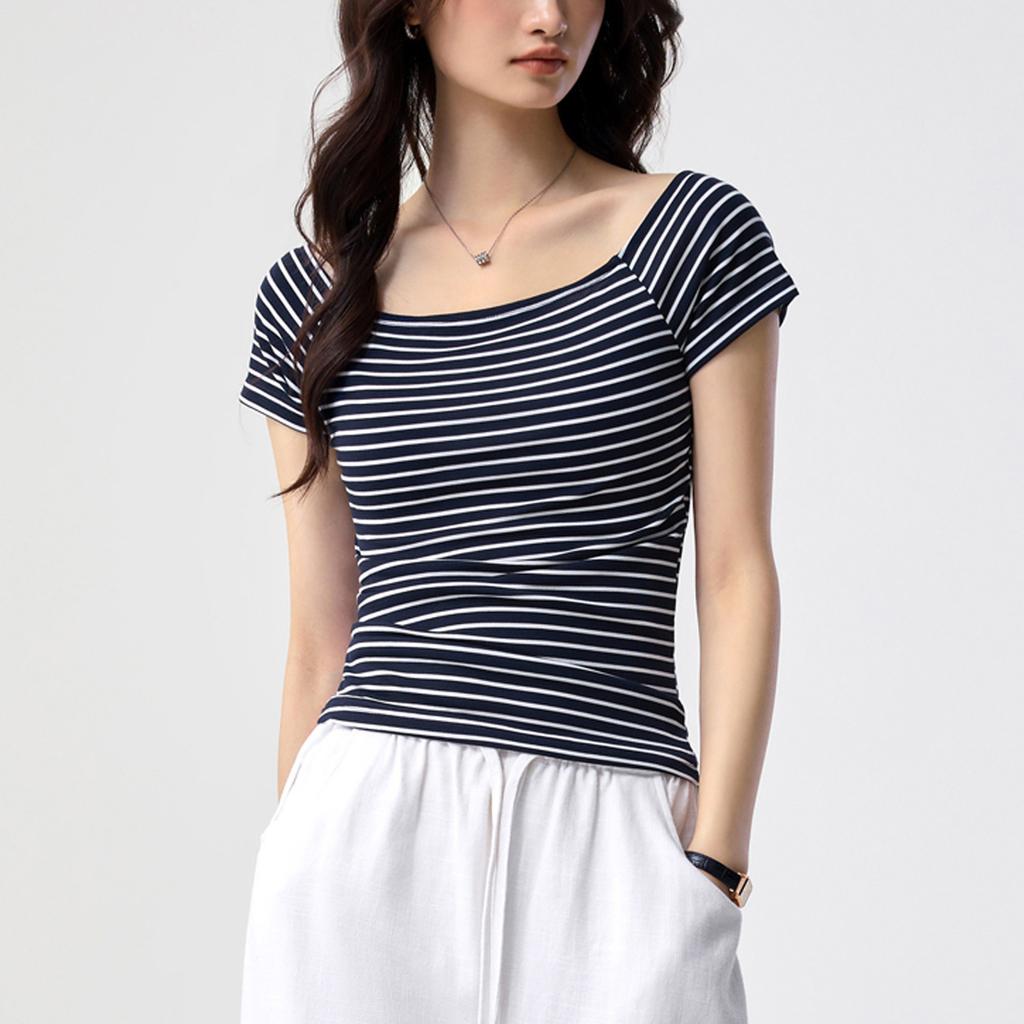 Tencel lyocell cotton, one-word collar off-the-shoulder striped T-shirt women's summer new slim-fitting sexy clavicle short-sleeved top