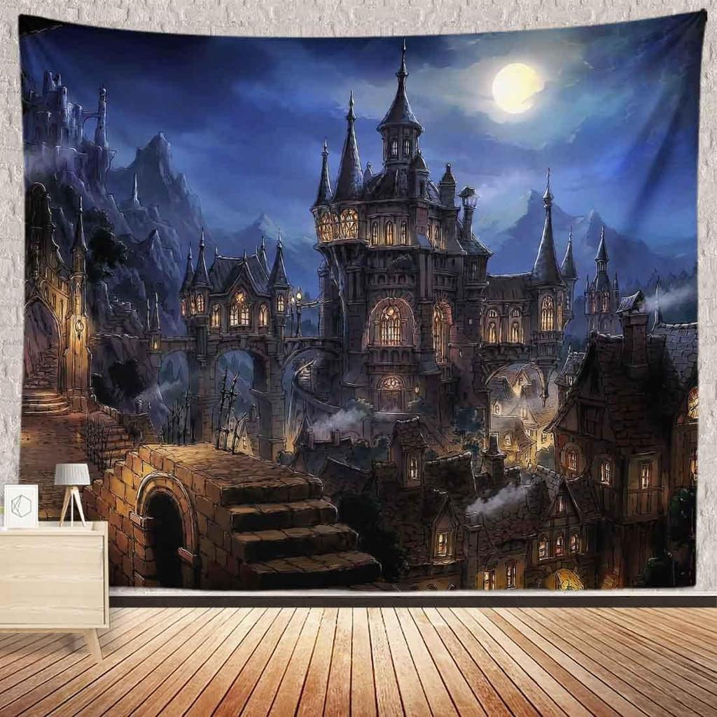 Castle Full Moon Night Tapestry Wolf Fantasy Medieval Town Wall Hangings Tapestry for Bedroom Living Room Office Dorm Man Cave