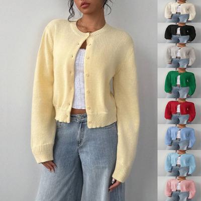 Autumn Winter Round Neck Threaded Long-sleeved Buttoned Women's Cardigan Jacket Jumper Soft Sticky Short Section Loose Thin Comfortable Sweater