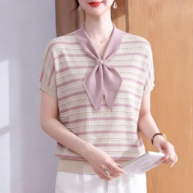Xuexi Women s 2026 Summer Ice Silk Striped Short-Sleeve Knit T-Shirt XL