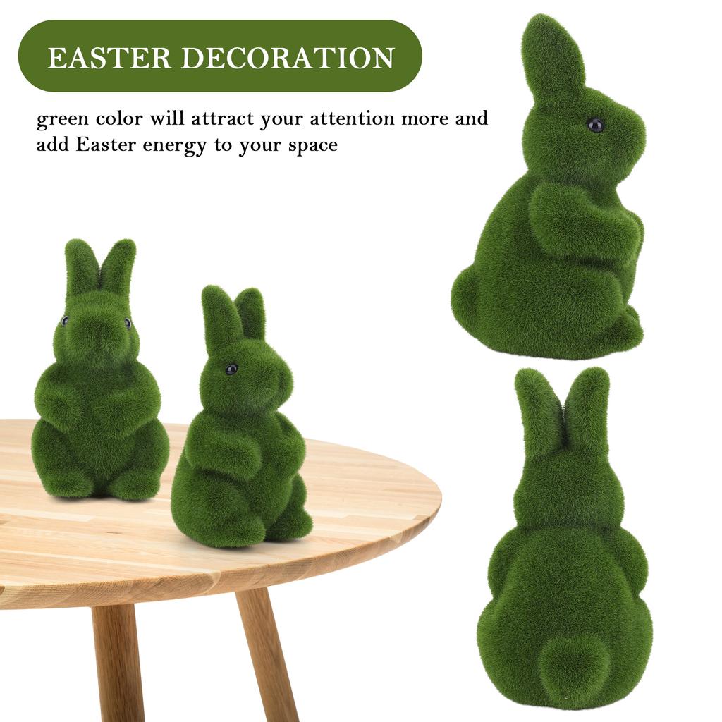 2Pcs Flocking Bunny Statue Flocked Animal Statue Decorative Fake Green Moss Rabbit Decoration Cute for Patio Garden Yard