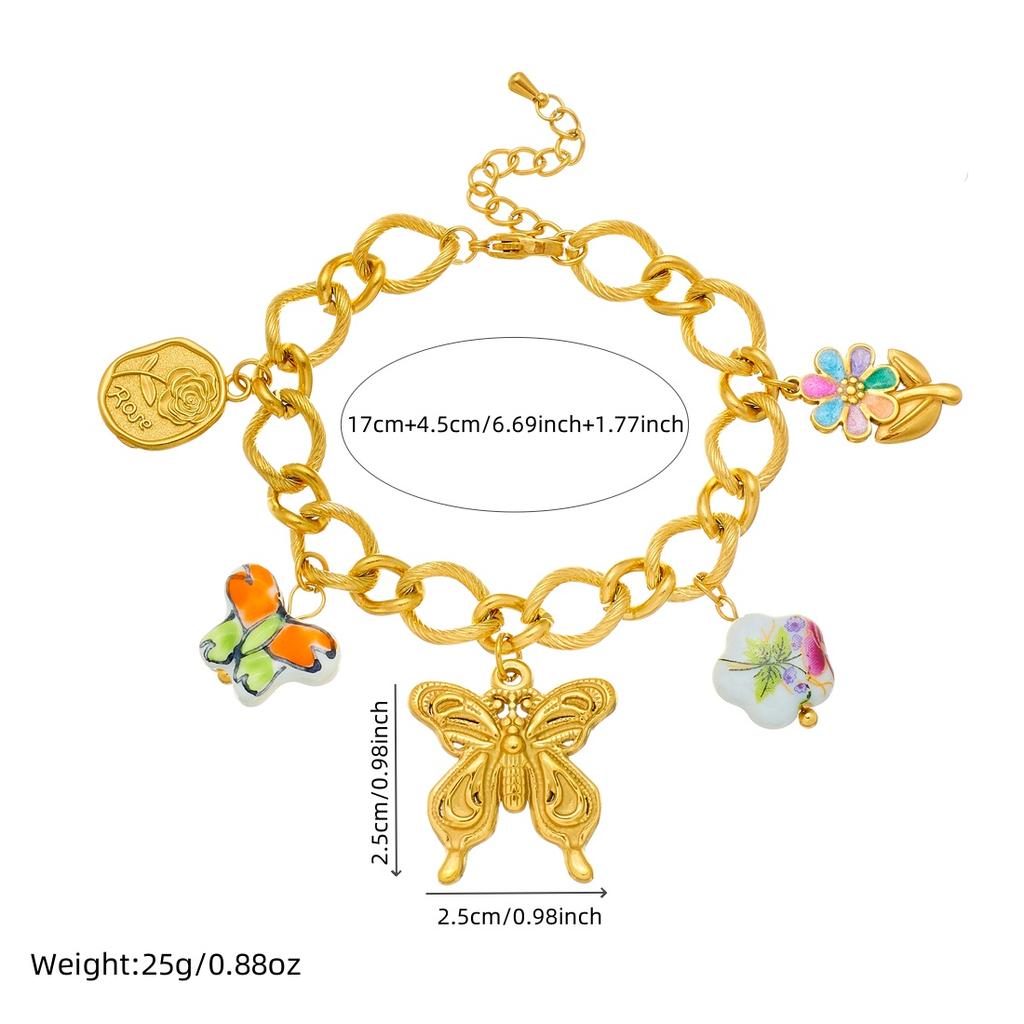 DIEYURO 316L Stainless Steel Golden Hollow Butterfly Colored Rose Flower Bracelet For Women New Classic Wrist Chain Jewelry Gift