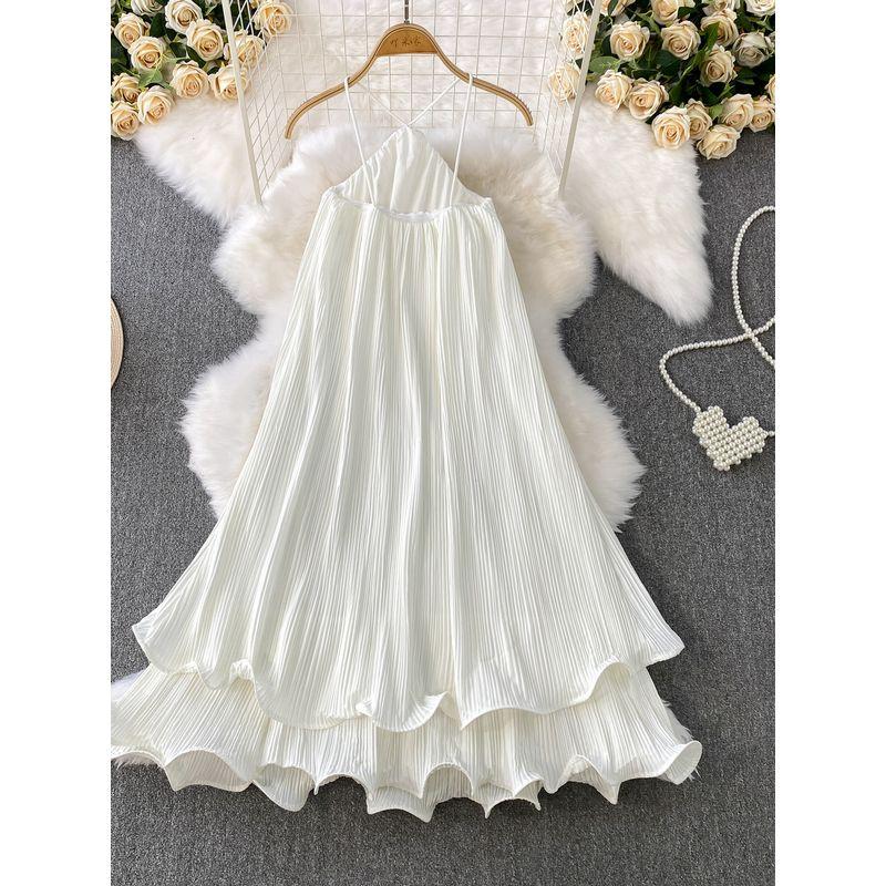 Seaside Holiday Style Sexy Backless Hanging Neck Sling One Piece Dress Women Clothing Summer Loose Slimming Puffy Cake Skirts