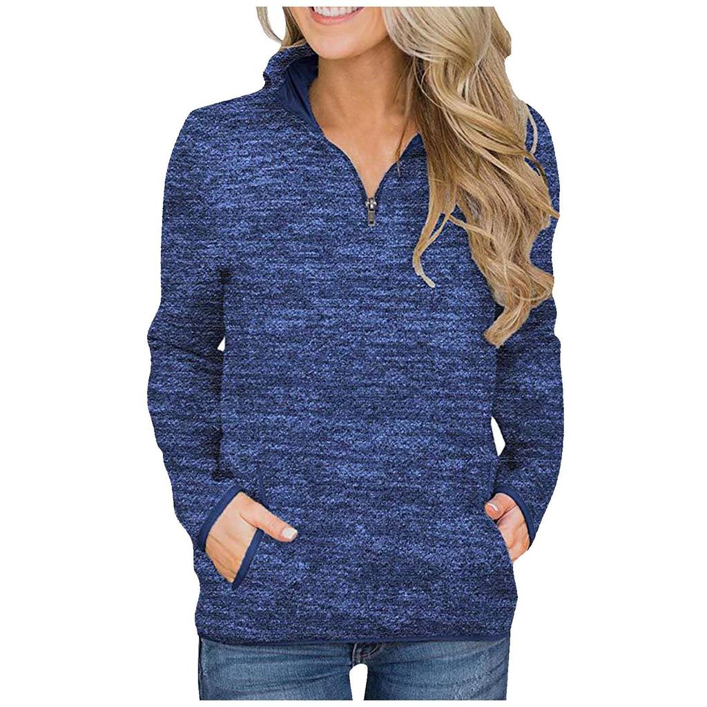 Ladies  Winter Pocket Pullover Long Sleeve Stand Collar Zip Sweatshirt Top