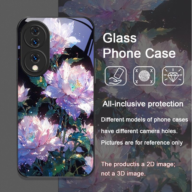 Stylish White Peony Flower Pattern Tempered Glass Phone Case for Huawei Nova 13 12 11 10 SE Mate 70 60 Pro Plus P60 P40 5G Cover