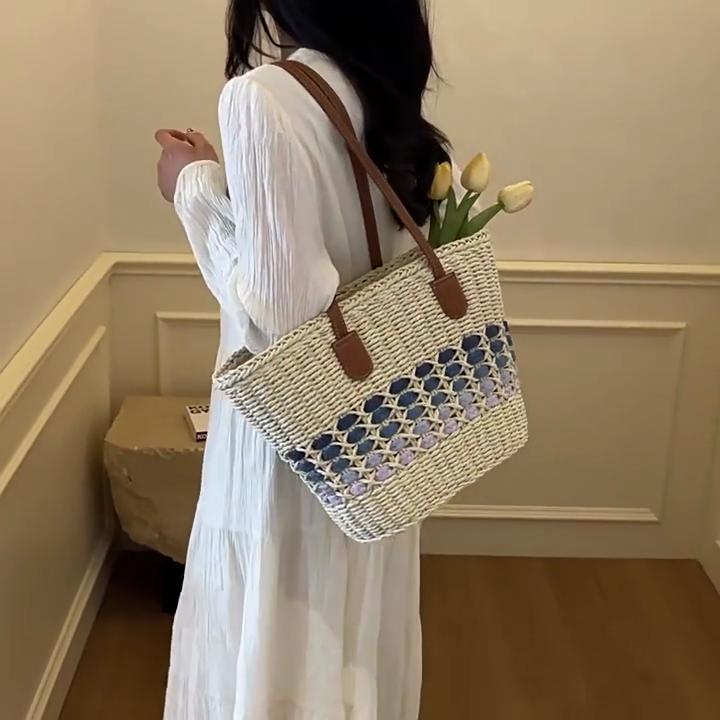 Women'S Casual Handmade Straw Tote Bag Summer Beach Lightweight Woven Large Capacity Zipper Shoulder Messenger Bag CLE