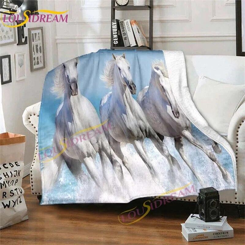 Přikrývka s koňským cvalem Zvířecí flanelové přikrývky 3D Art Decor potisk přikrývky Bílá přikrývka na přikrývku koně Rozkládací pohovky Přehoz přikrývky