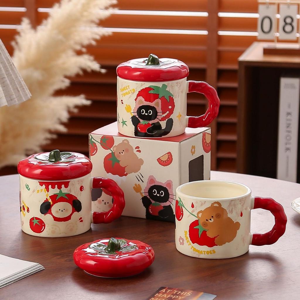 Cute Tomato Mug with Lid Creative Souvenir Gift Water Cup for Girls High Looking Ceramic Cup Breakfast Milk Cup